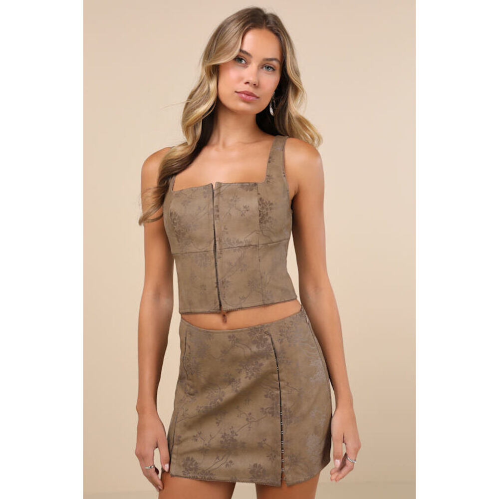 Lulus Coveted Brown Floral Vegan Leather Mini Skirt - Size M